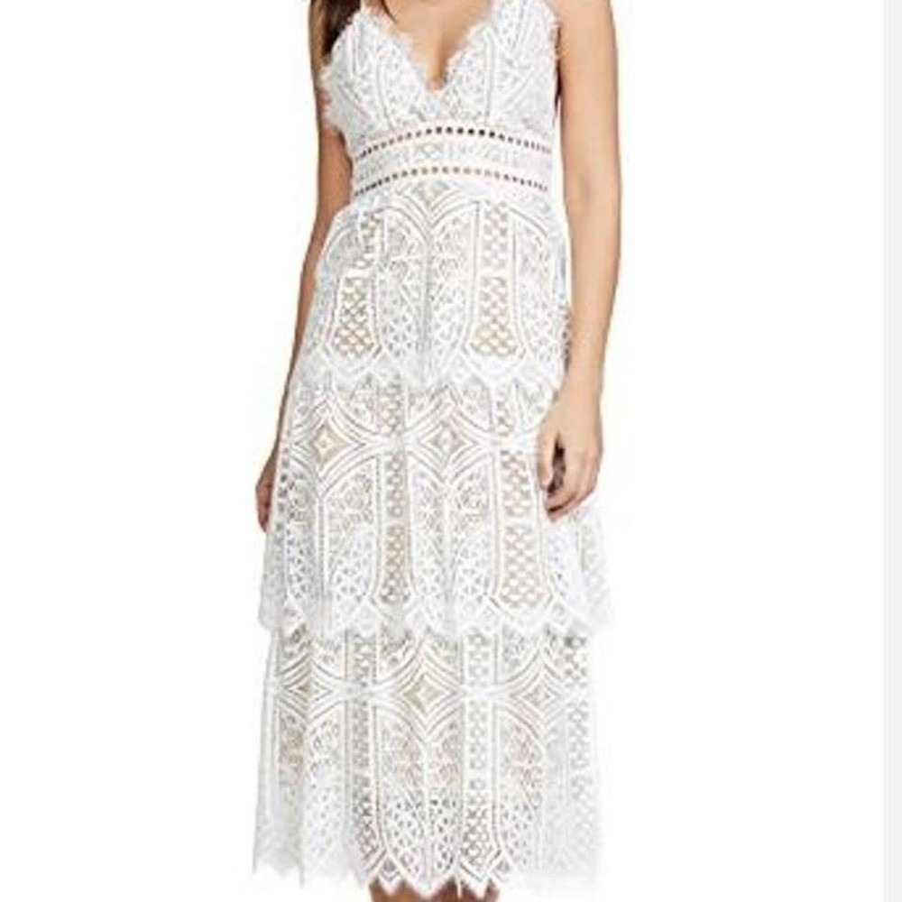 Saylor White Lace Tiered Midi Dress V-Neck Eyelet Bridal Size XS